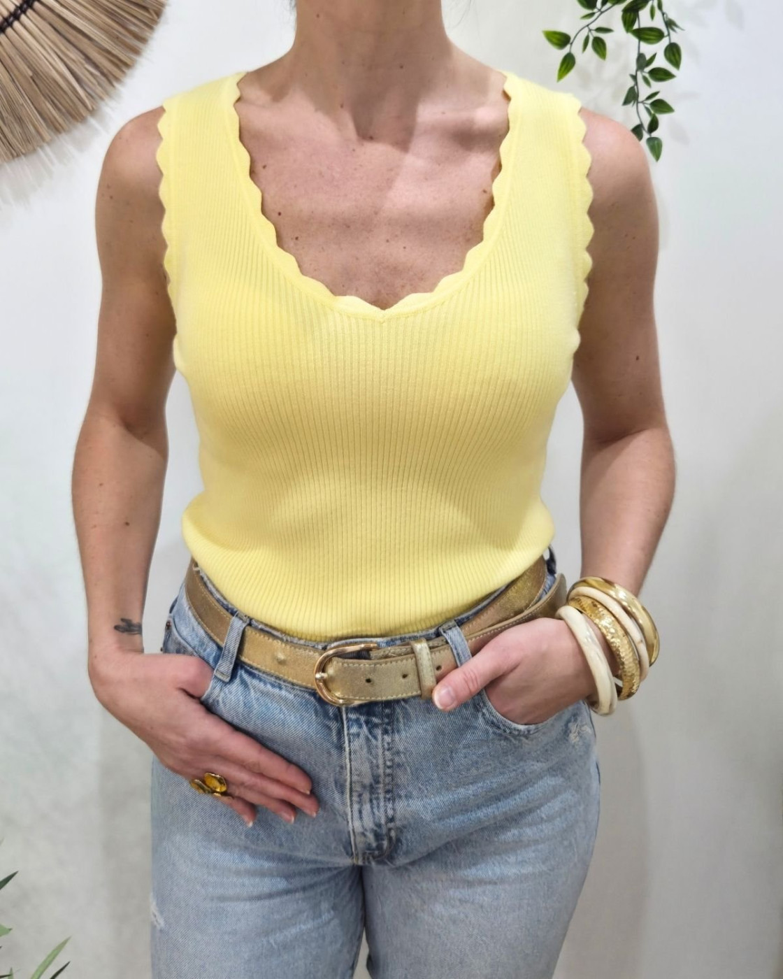 Top femme côtelé jaune Lucilla