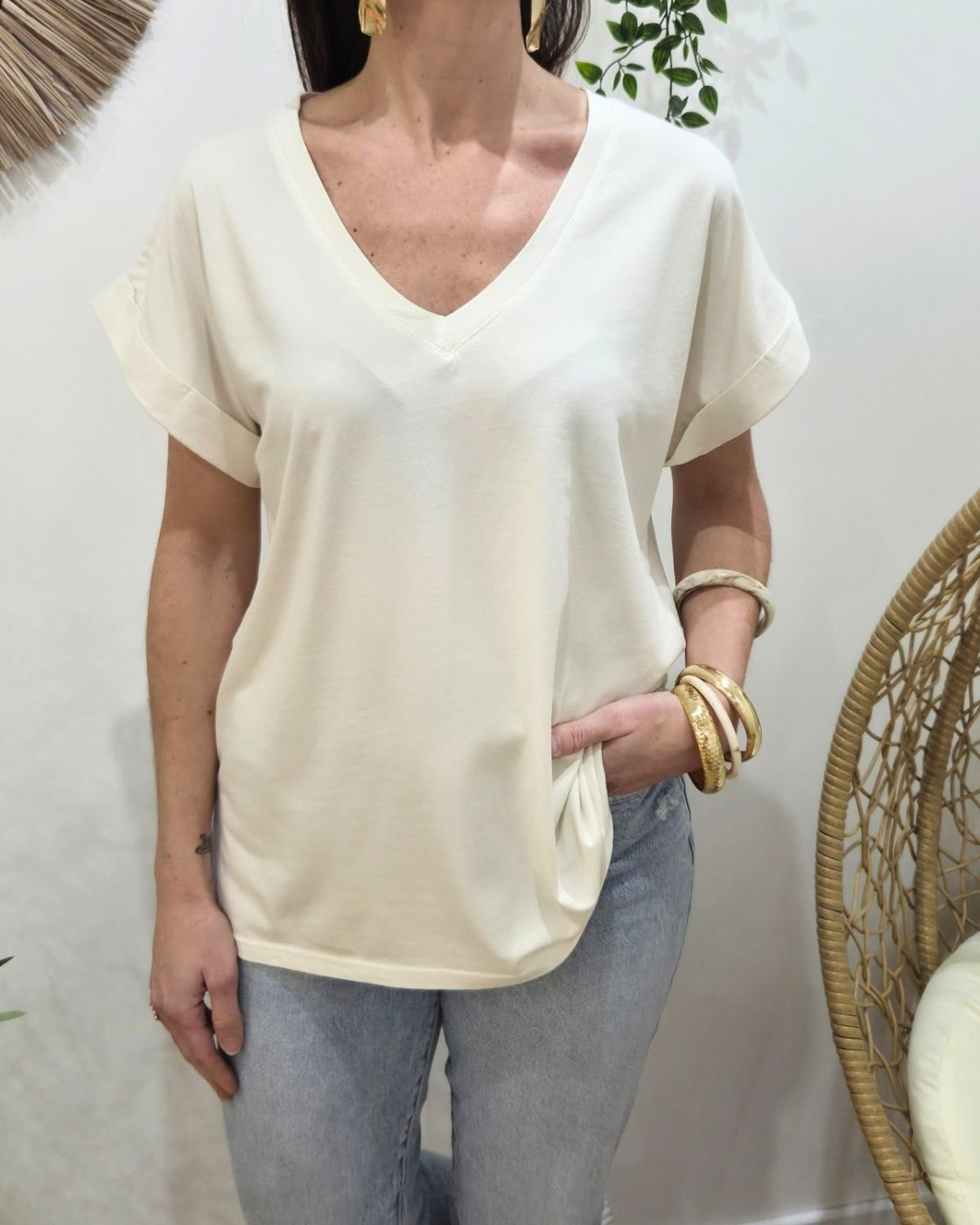 T-shirt femme uni col V