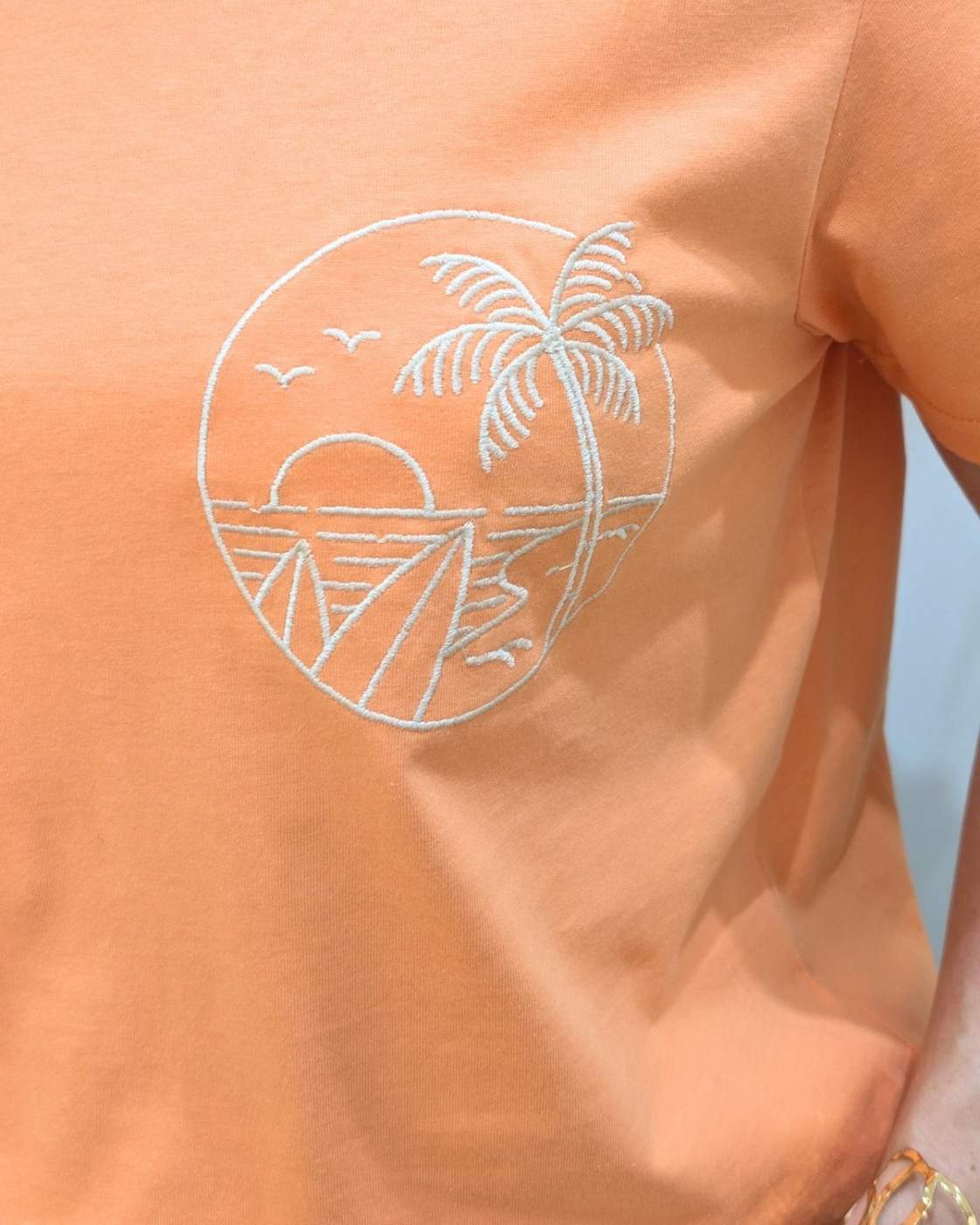 T-shirt femme orange broderie palmier surf écru