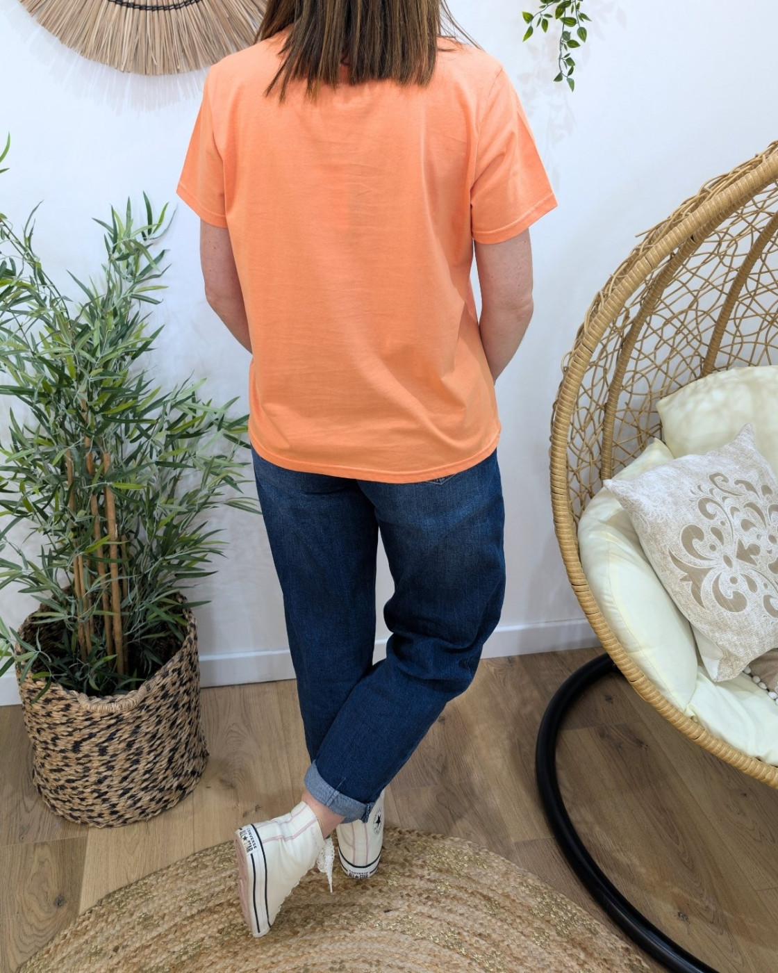 T-shirt femme orange broderie palmier surf écru