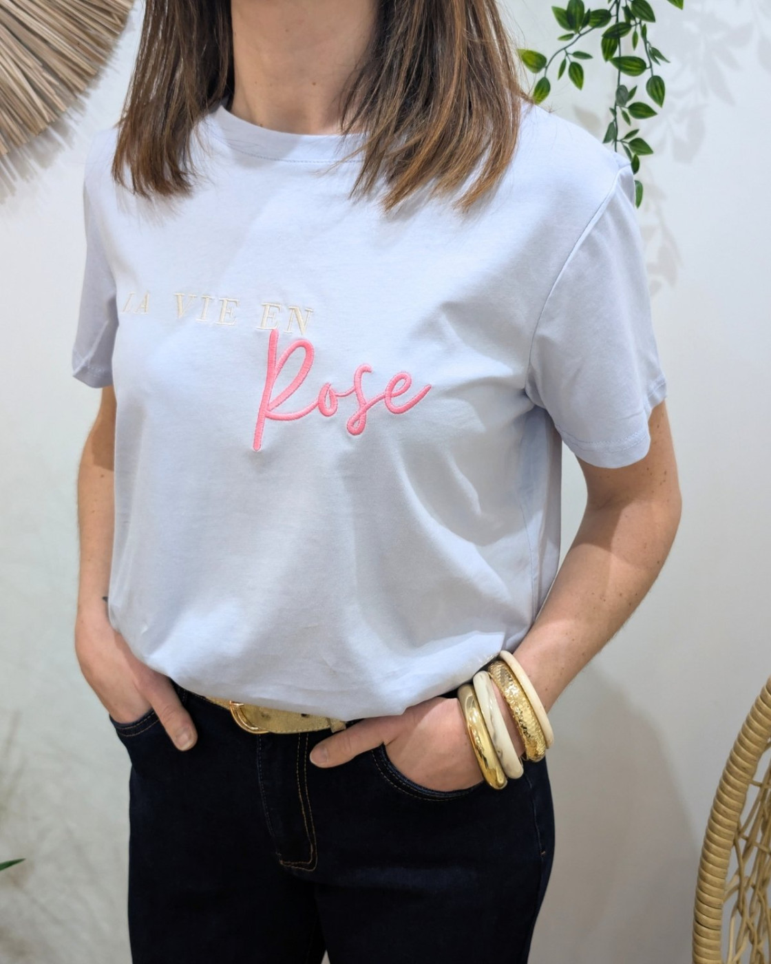 T-Shirt femme bleu ciel La vie en rose