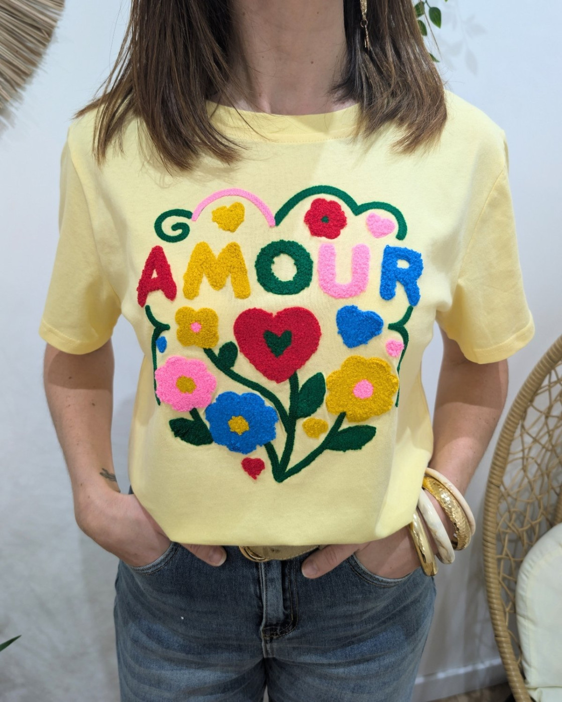 T-Shirt femme jaune amour fleuri multicolores Sardanna