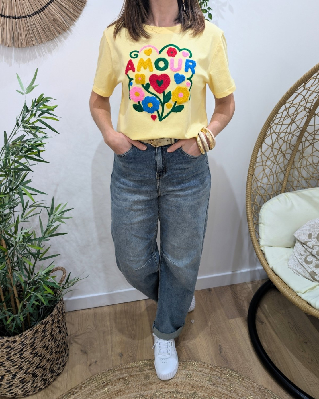 T-Shirt femme jaune amour fleuri multicolores Sardanna