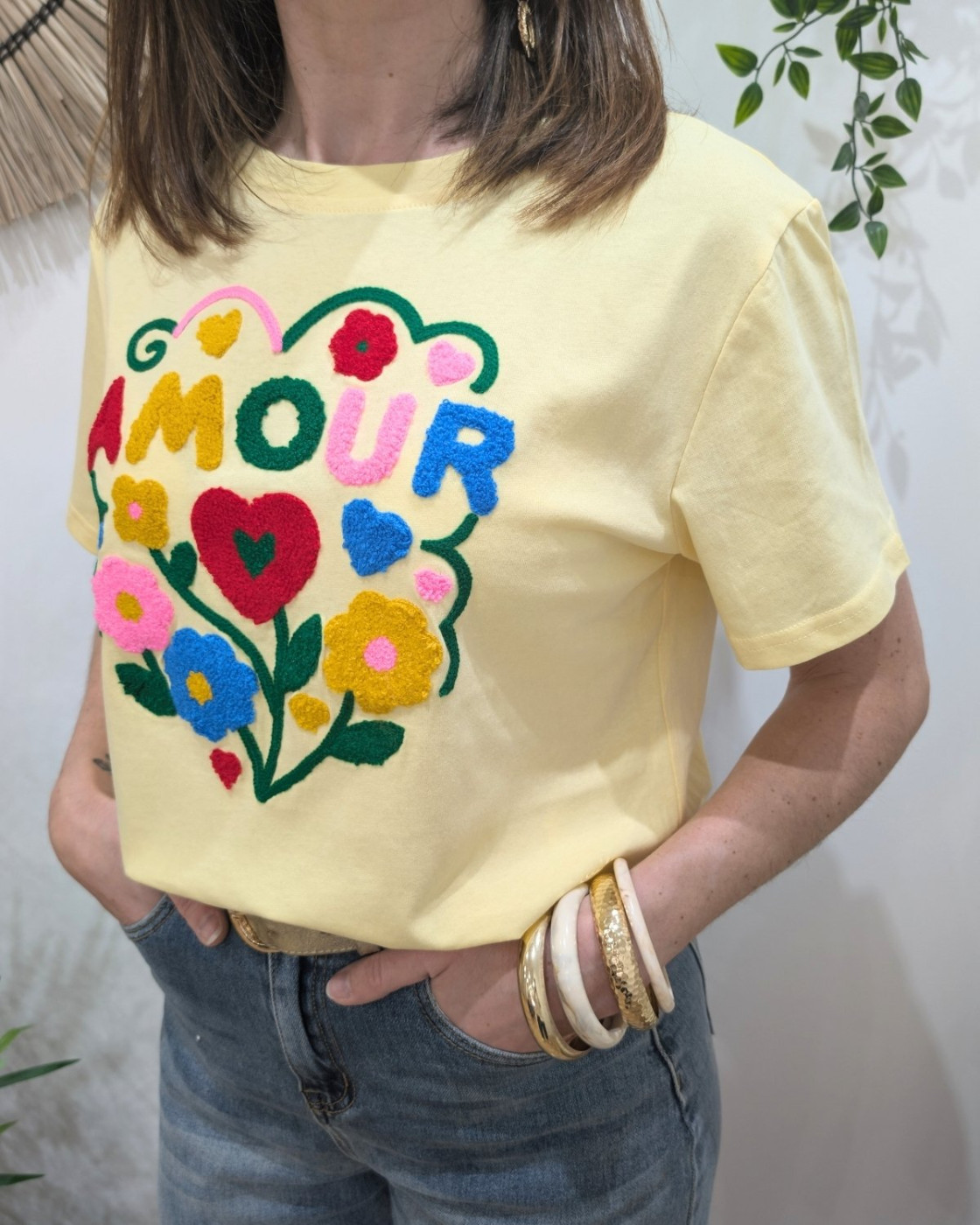 T-Shirt femme jaune amour fleuri multicolores Sardanna