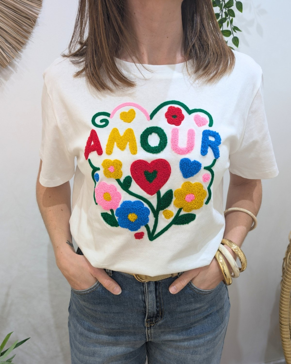 T-Shirt femme blanc amour fleuri multicolores Sardanna