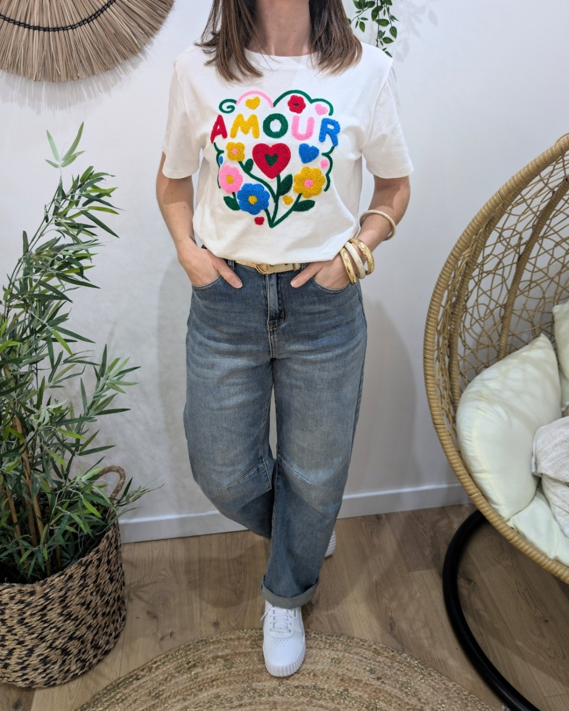 T-Shirt femme blanc amour fleuri multicolores Sardanna
