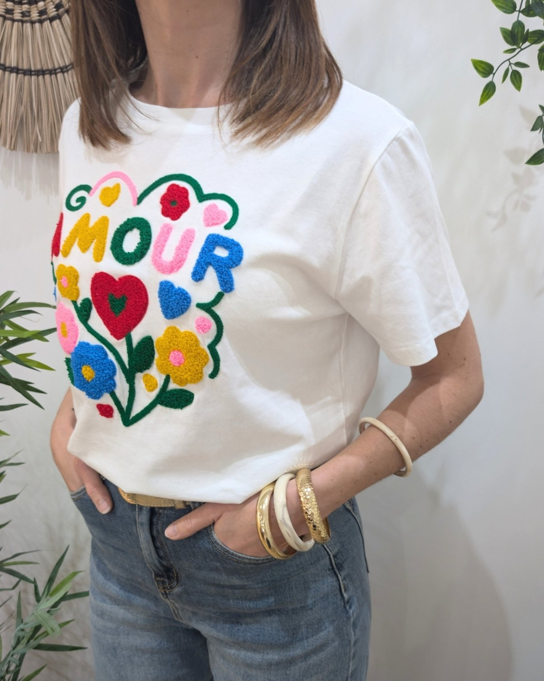 T-Shirt femme blanc amour fleuri multicolores Sardanna