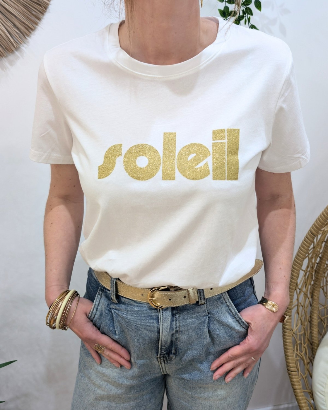 T-Shirt femme blanc soleil paillettes dorées