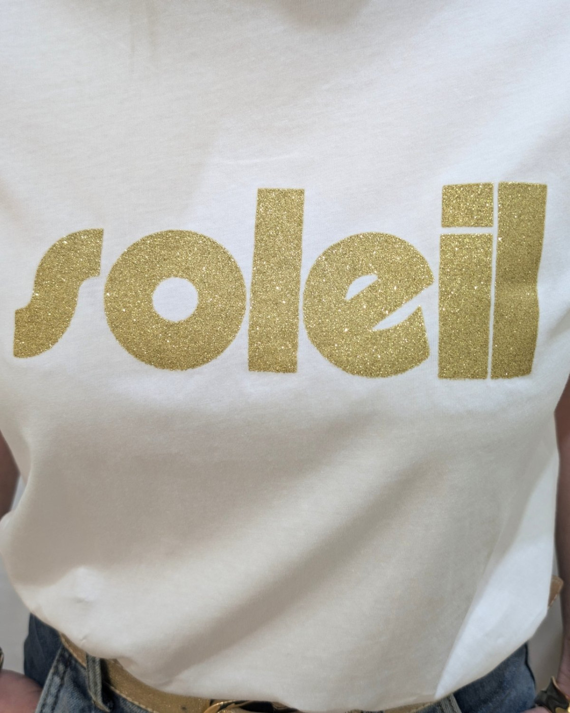 T-Shirt femme blanc soleil paillettes dorées