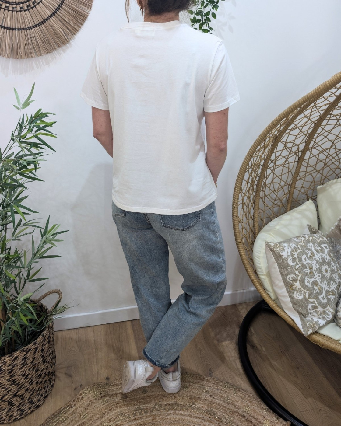 T-Shirt femme blanc soleil paillettes dorées