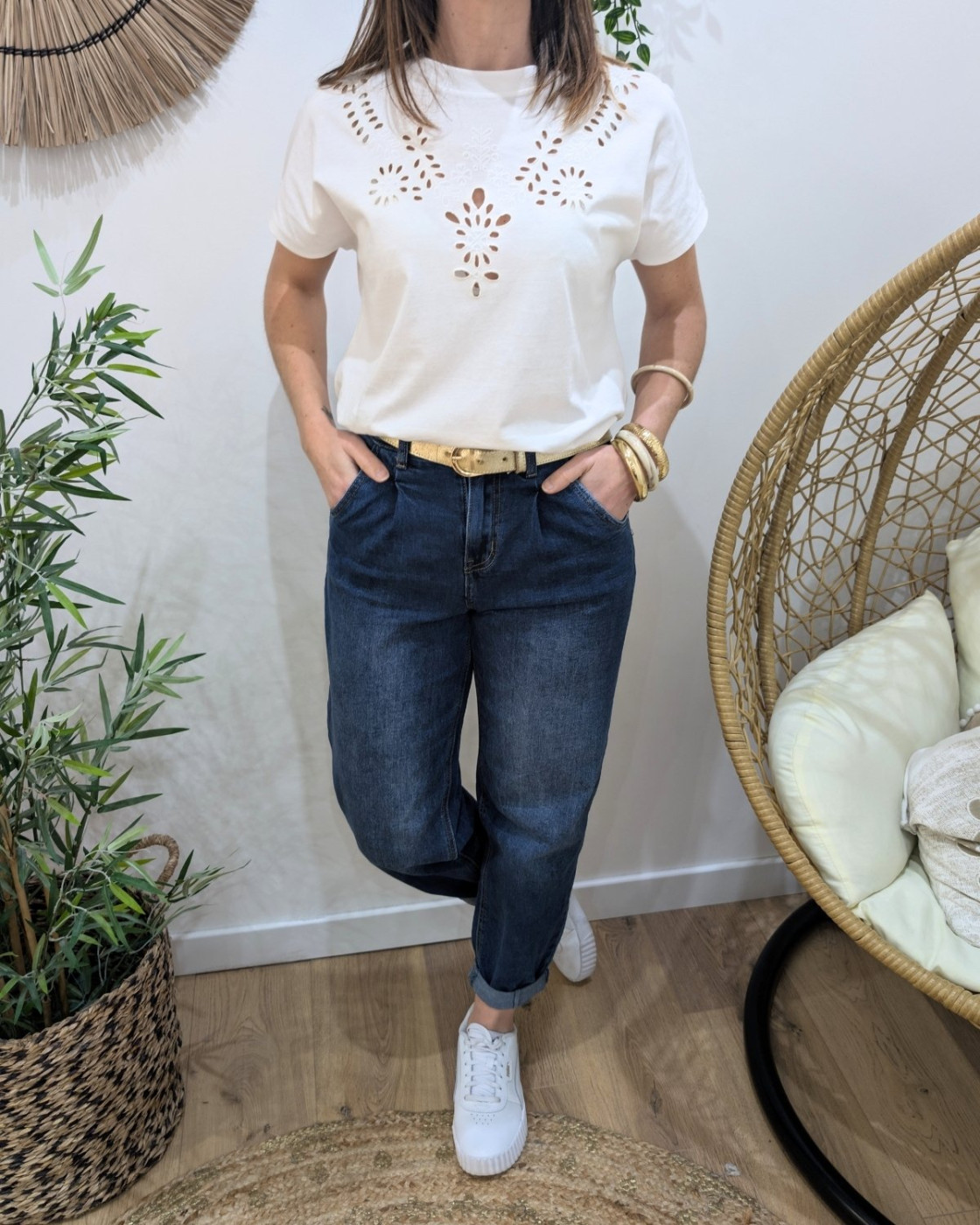 T-Shirt femme blanc broderies ajourées Altana