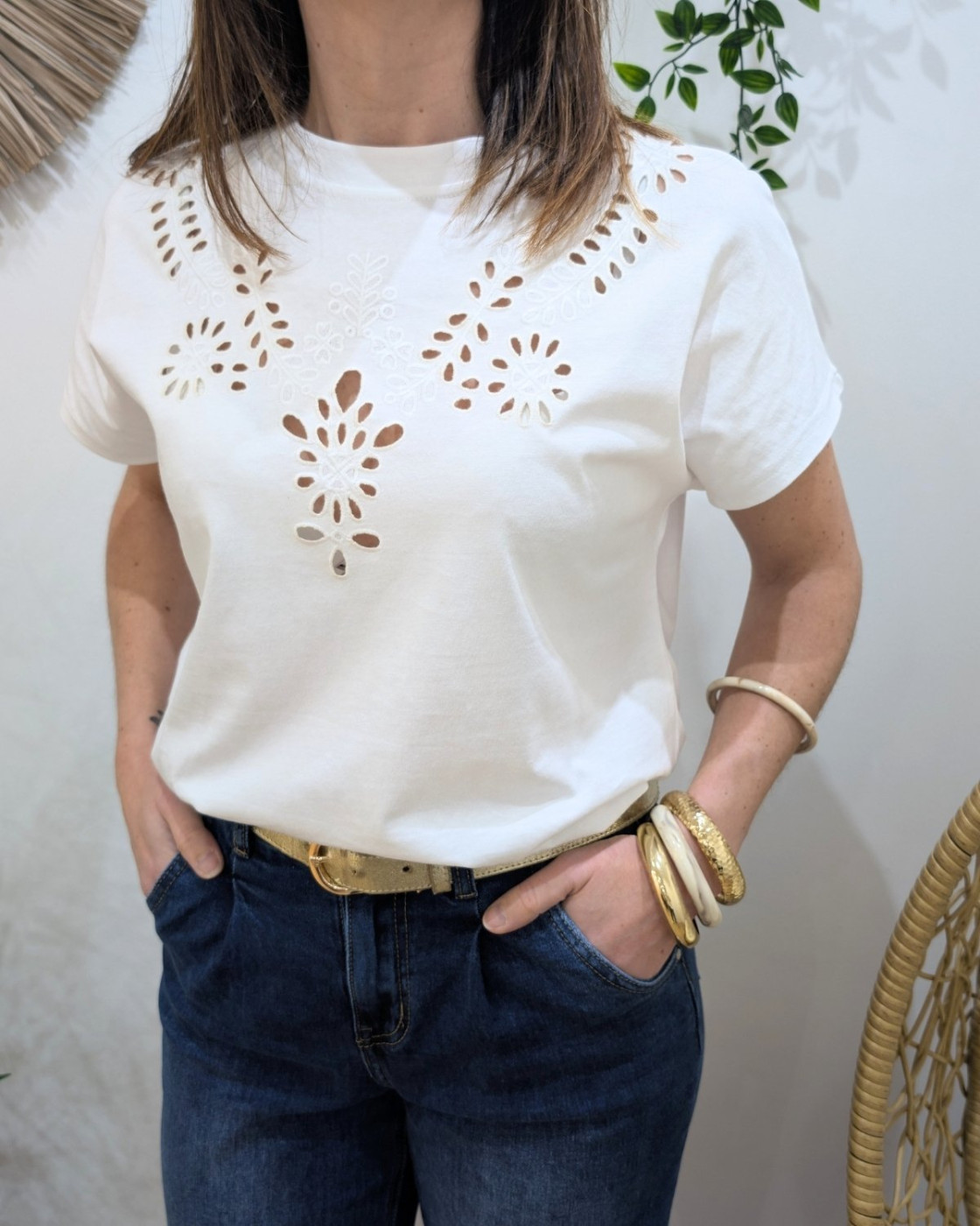 T-Shirt femme blanc broderies ajourées Altana