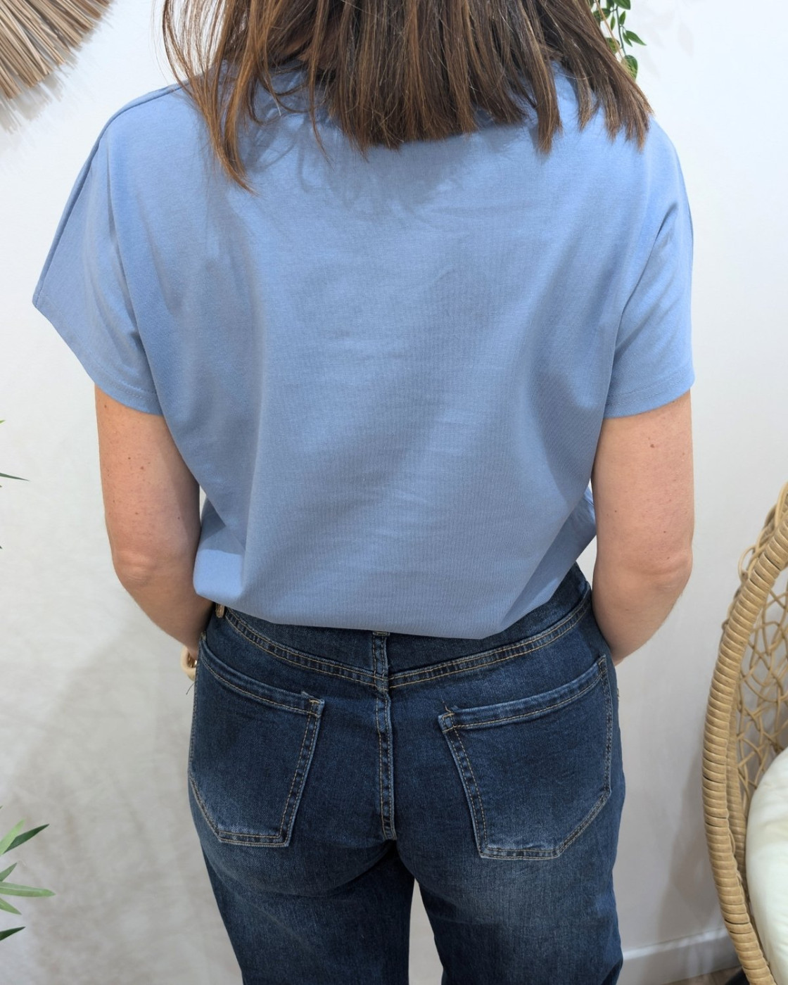 T-Shirt femme bleu jean broderies ajourées Altana