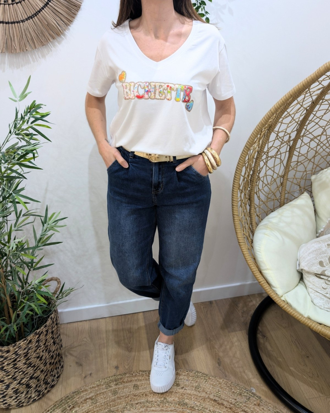 T-Shirt femme blanc bichette multicolore paillettes dorées