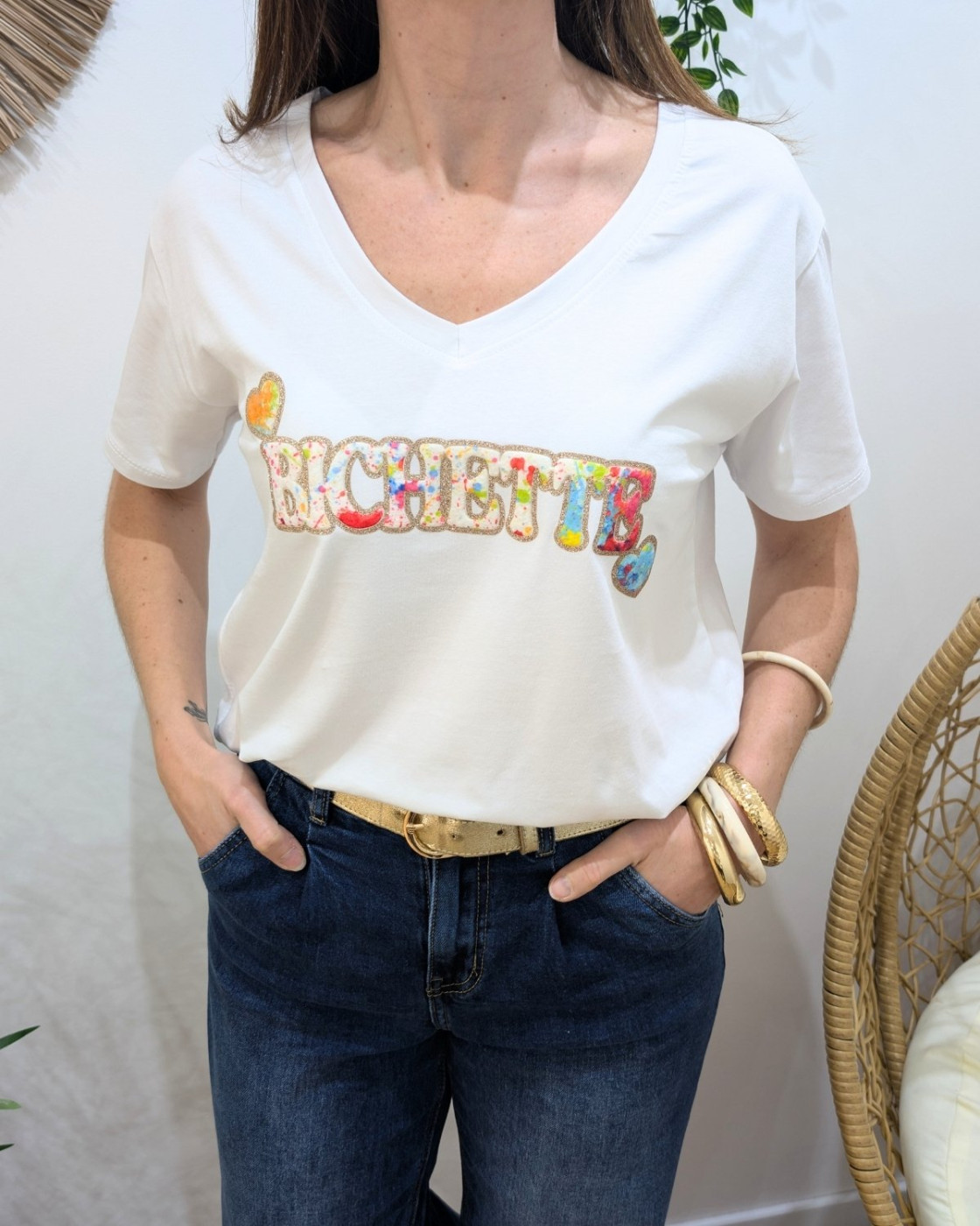 T-Shirt femme blanc bichette multicolore paillettes dorées