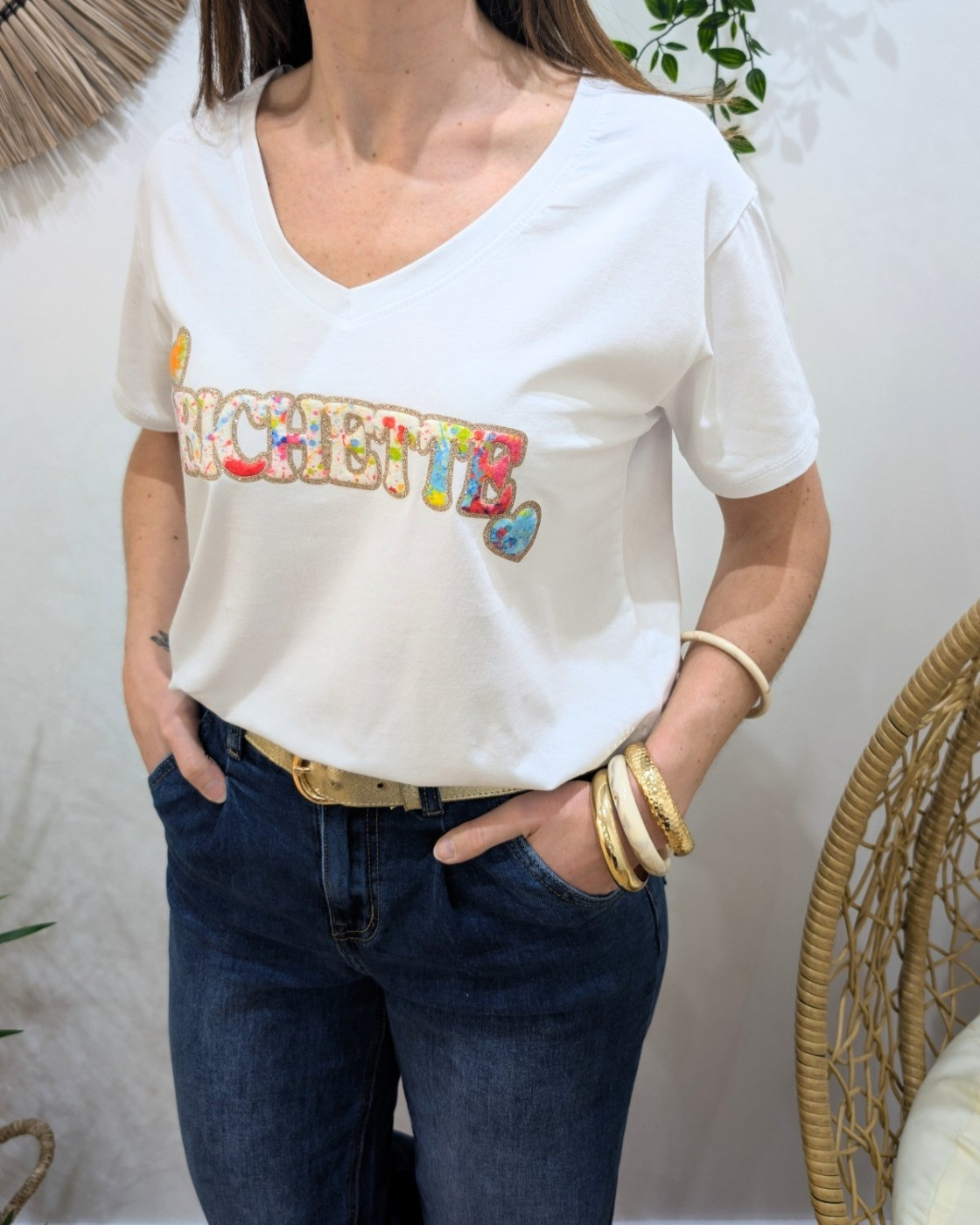T-Shirt femme blanc bichette multicolore paillettes dorées