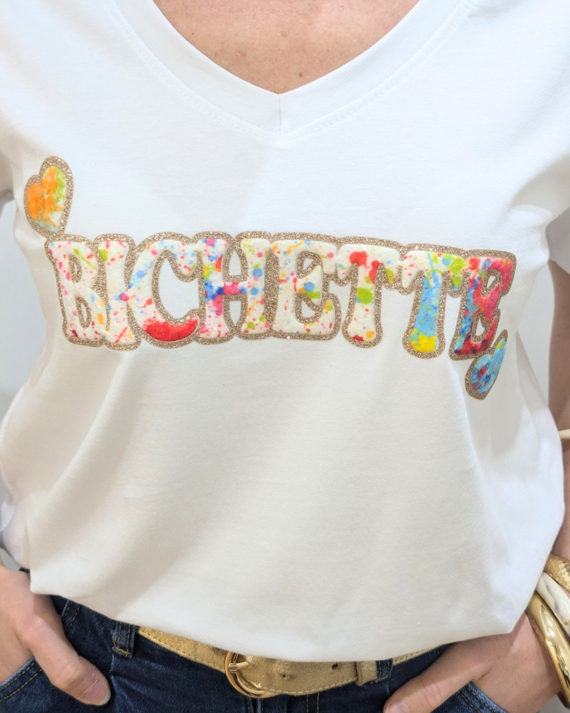 T-Shirt femme blanc bichette multicolore paillettes dorées