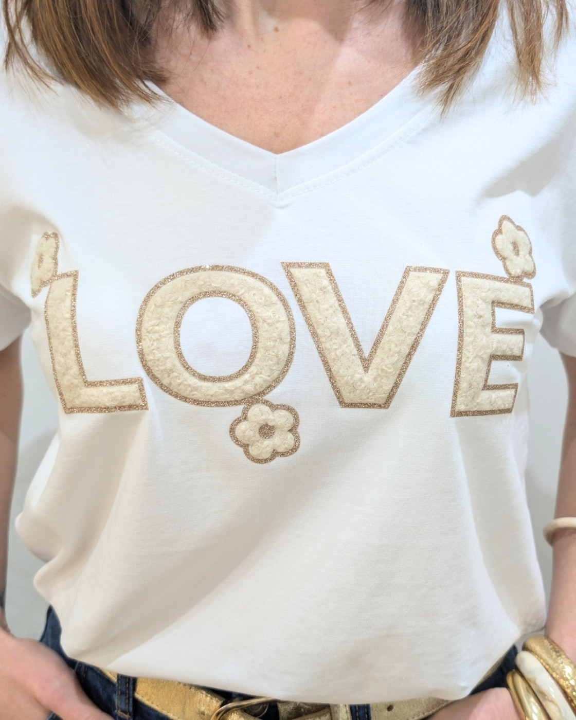 T-Shirt femme blanc LOVE fleuri bouclettes beiges paillettes dorées