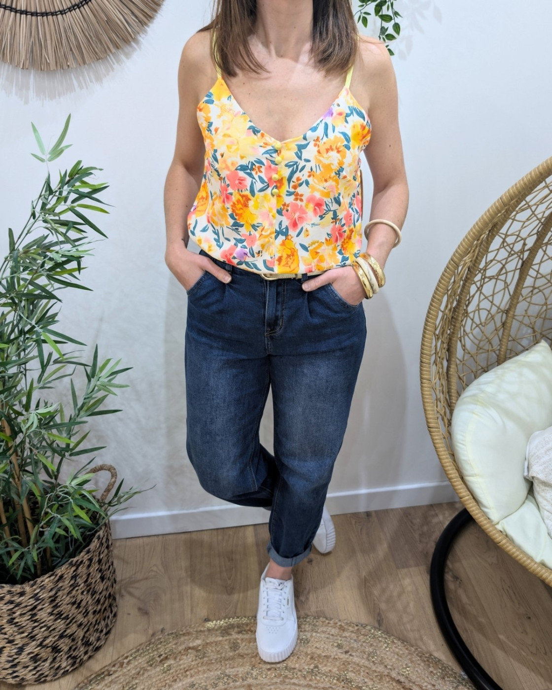 Top femme fleuri jaune Raissa