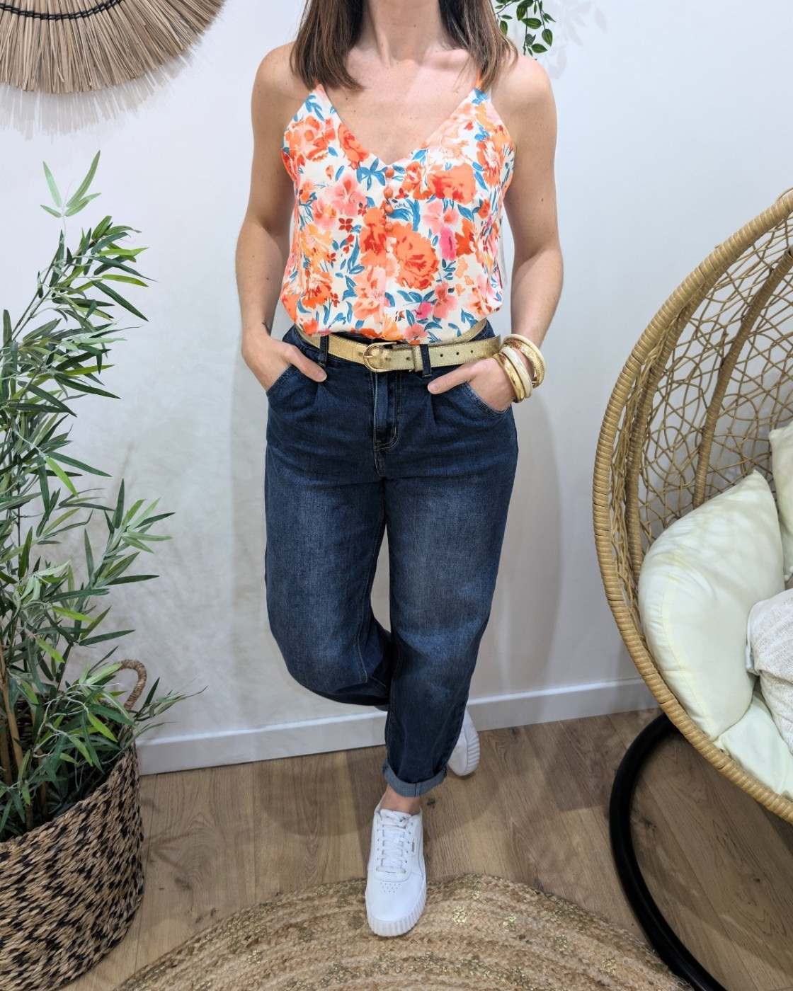 Top femme fleuri orange Raissa