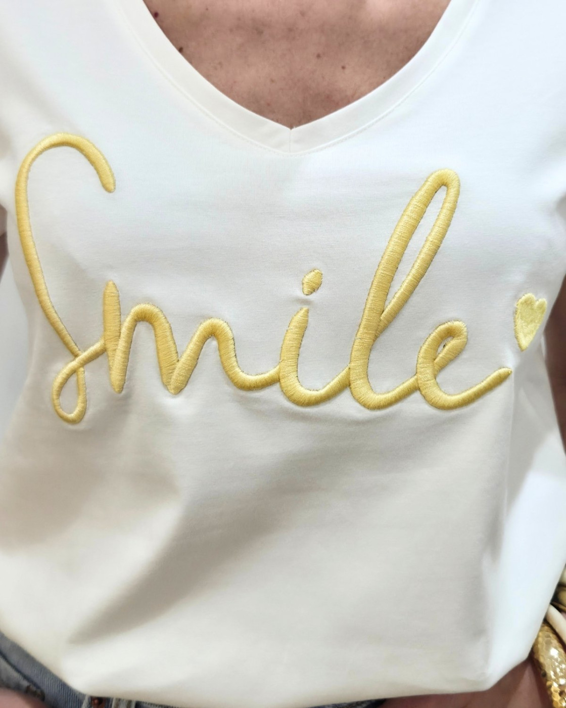 T-Shirt femme blanc broderie smile jaune