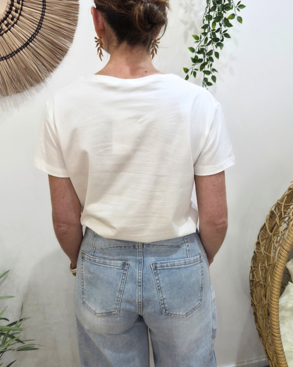 T-Shirt femme blanc broderie smile jaune