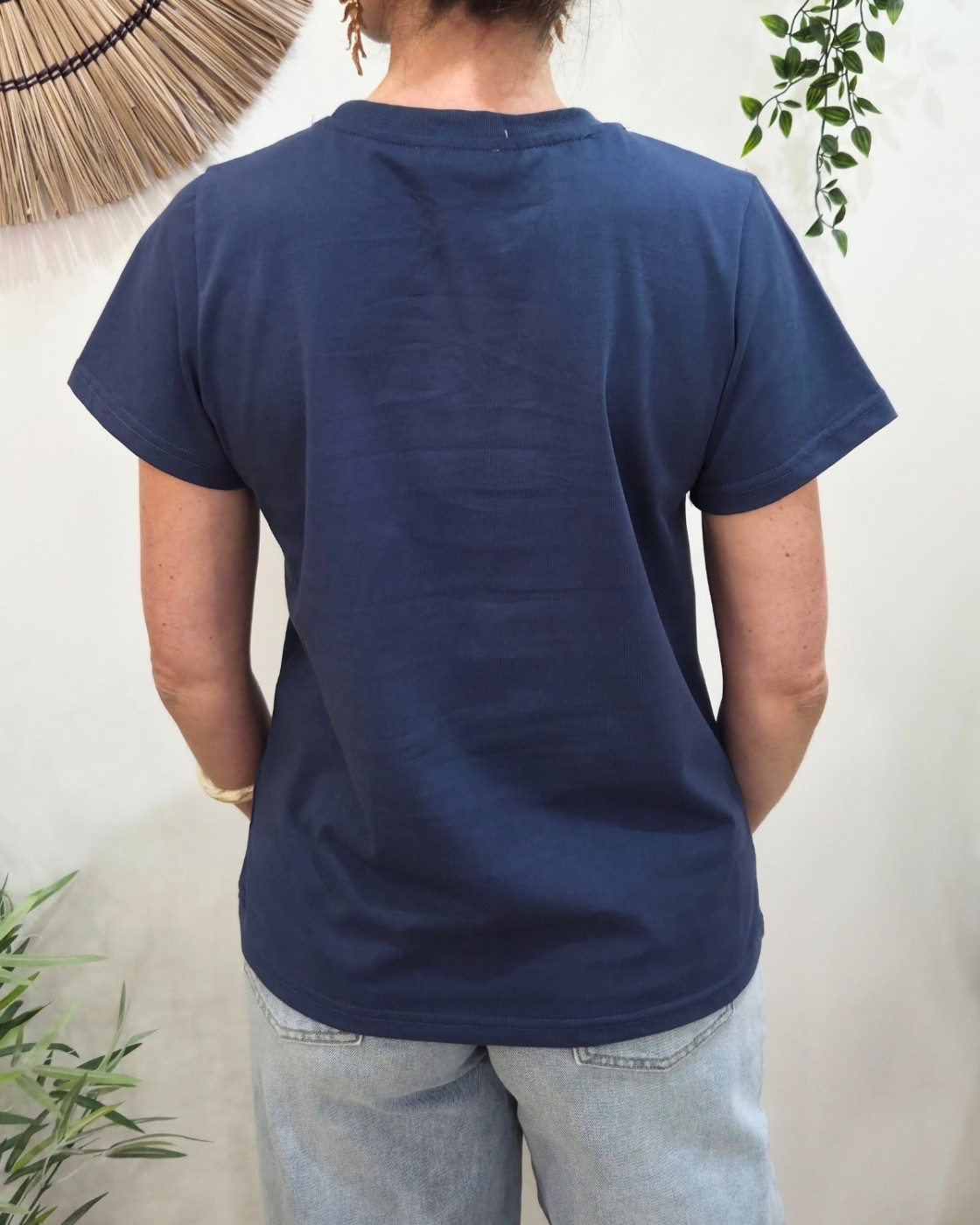 T-Shirt femme bleu marine broderie coeur doré