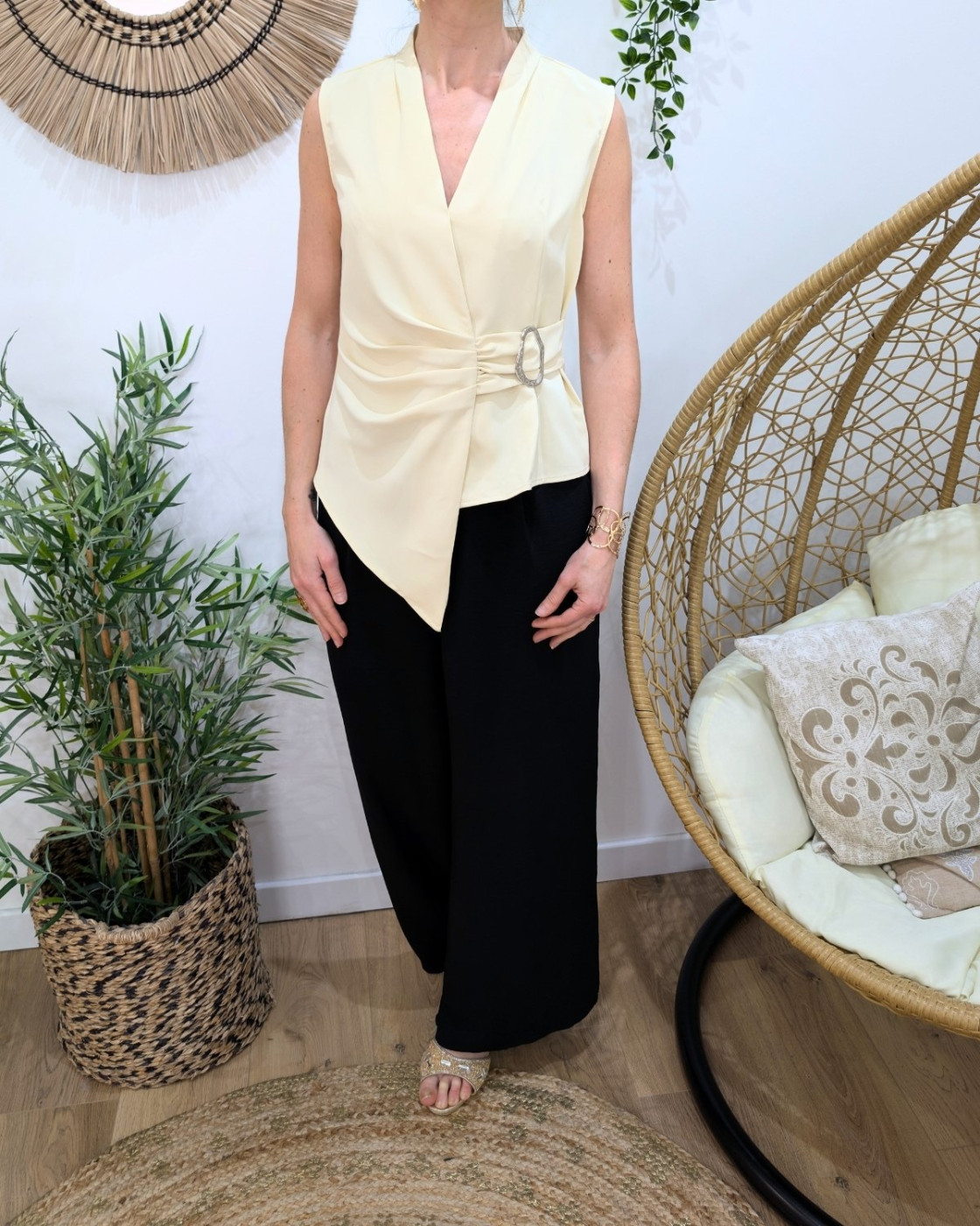 Top effet cache-coeur femme jaune