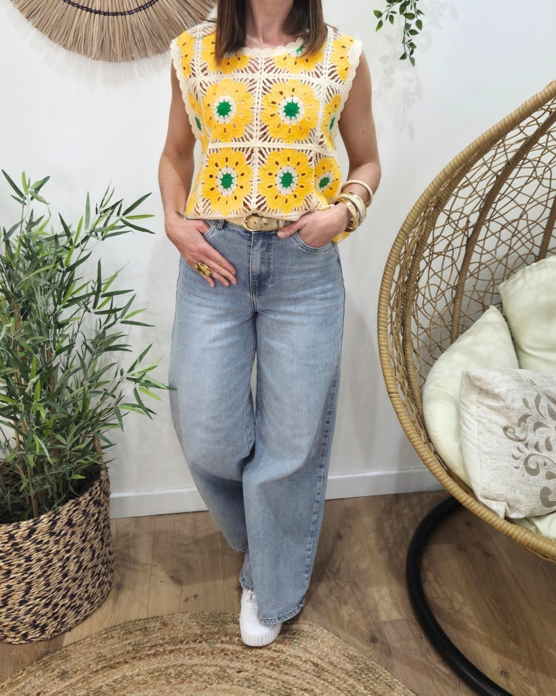 Top femme crochet jaune et vert 