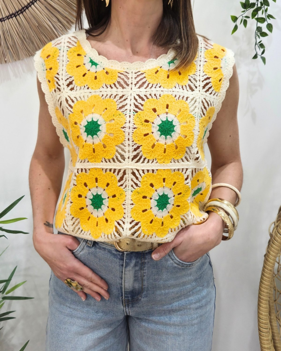 Top femme crochet jaune et vert 