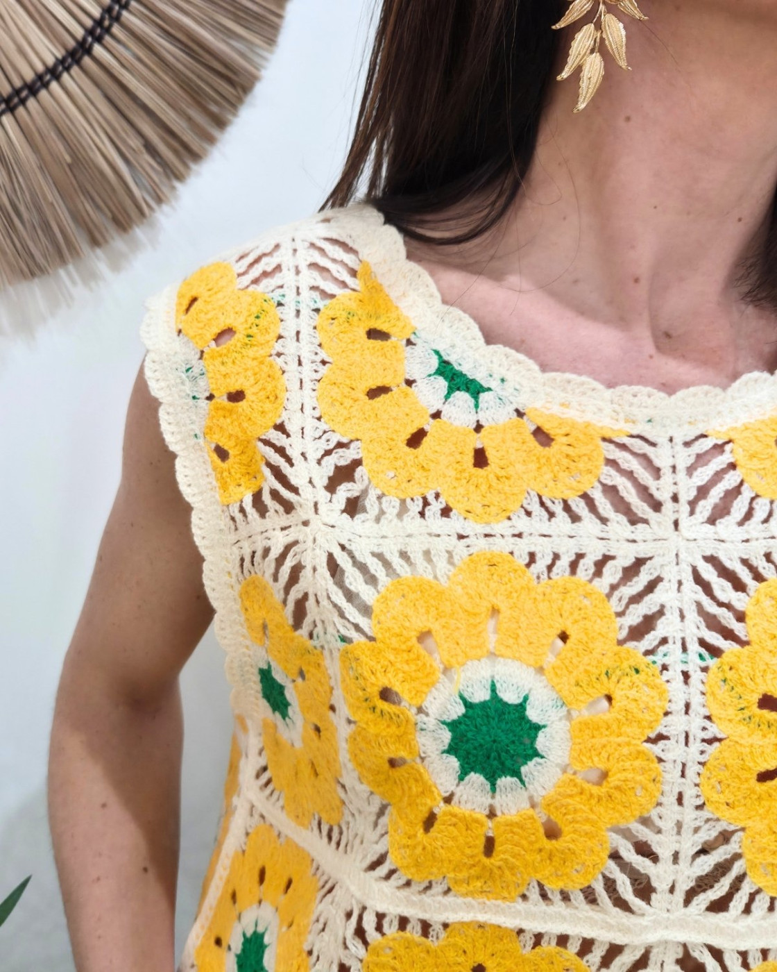 Top femme crochet jaune et vert 