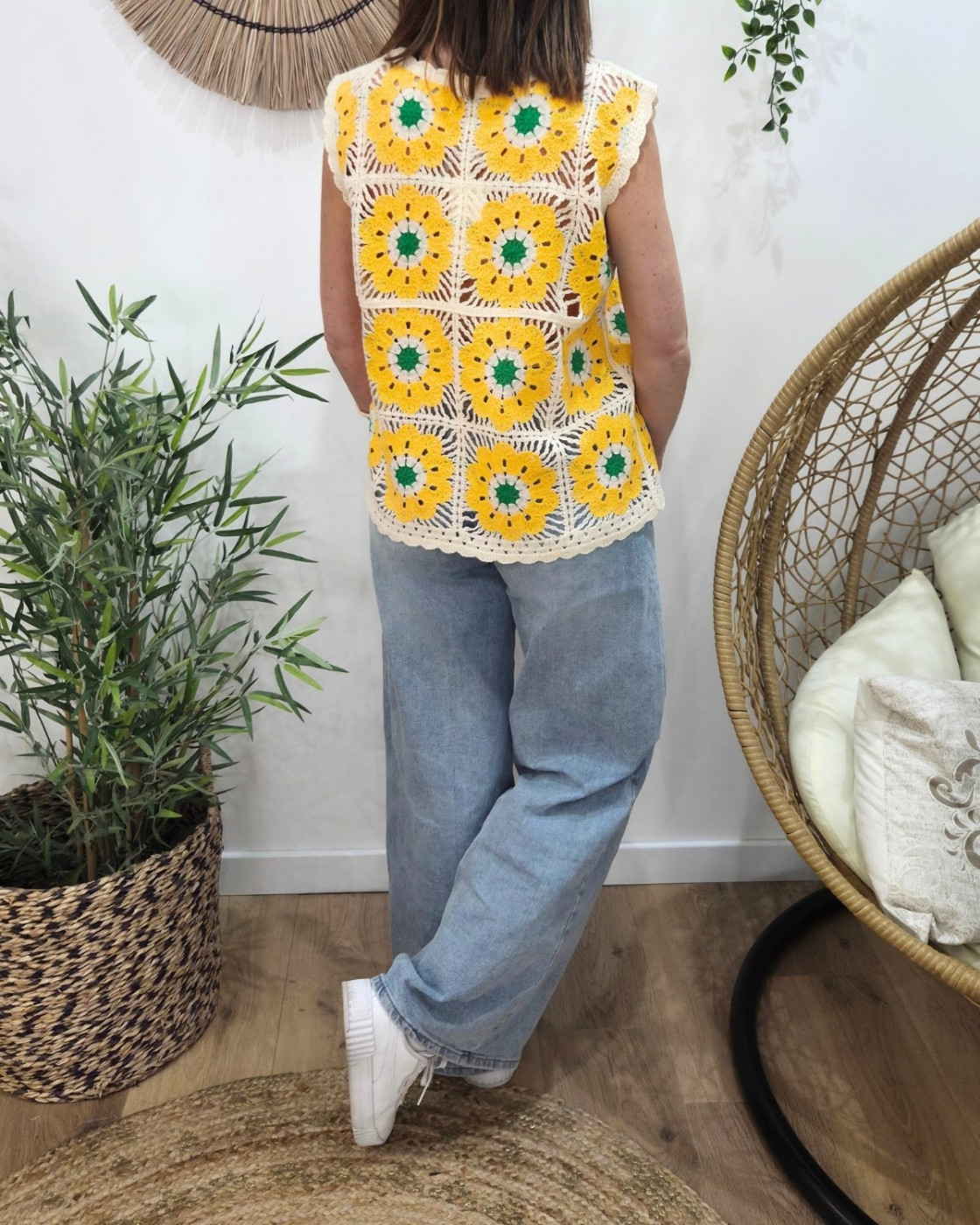 Top femme crochet jaune et vert 