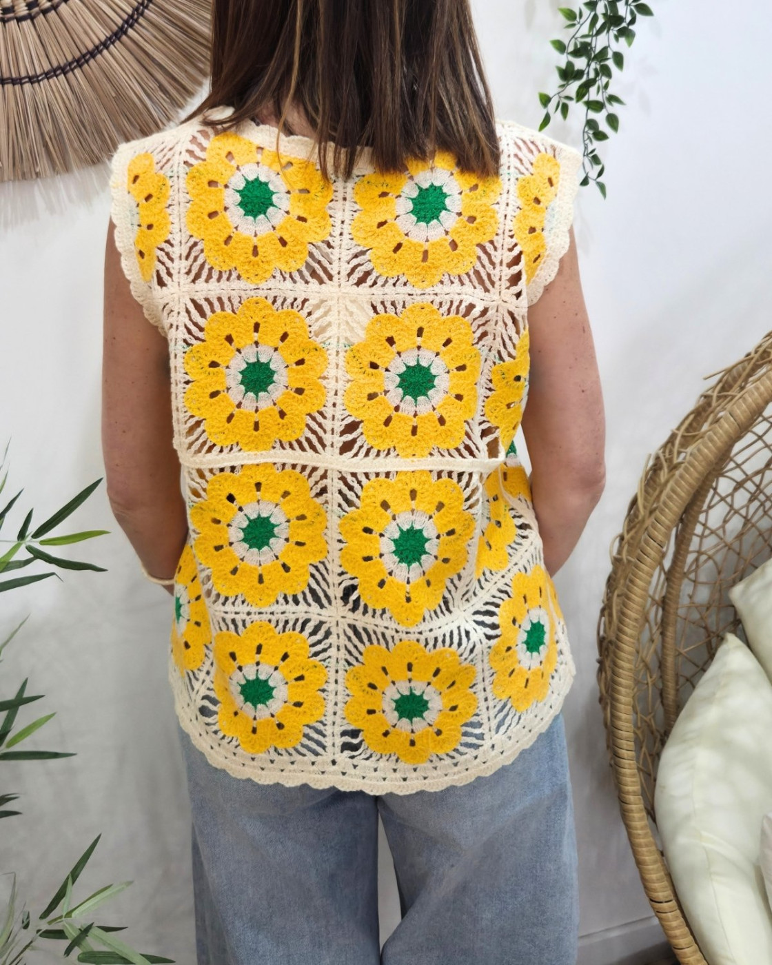 Top femme crochet jaune et vert 