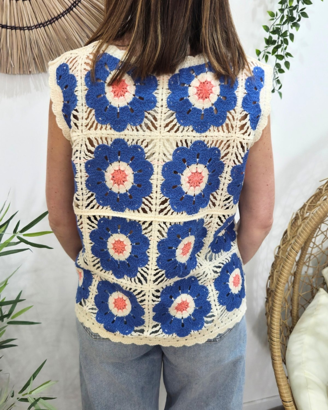 Top femme crochet bleu et rose