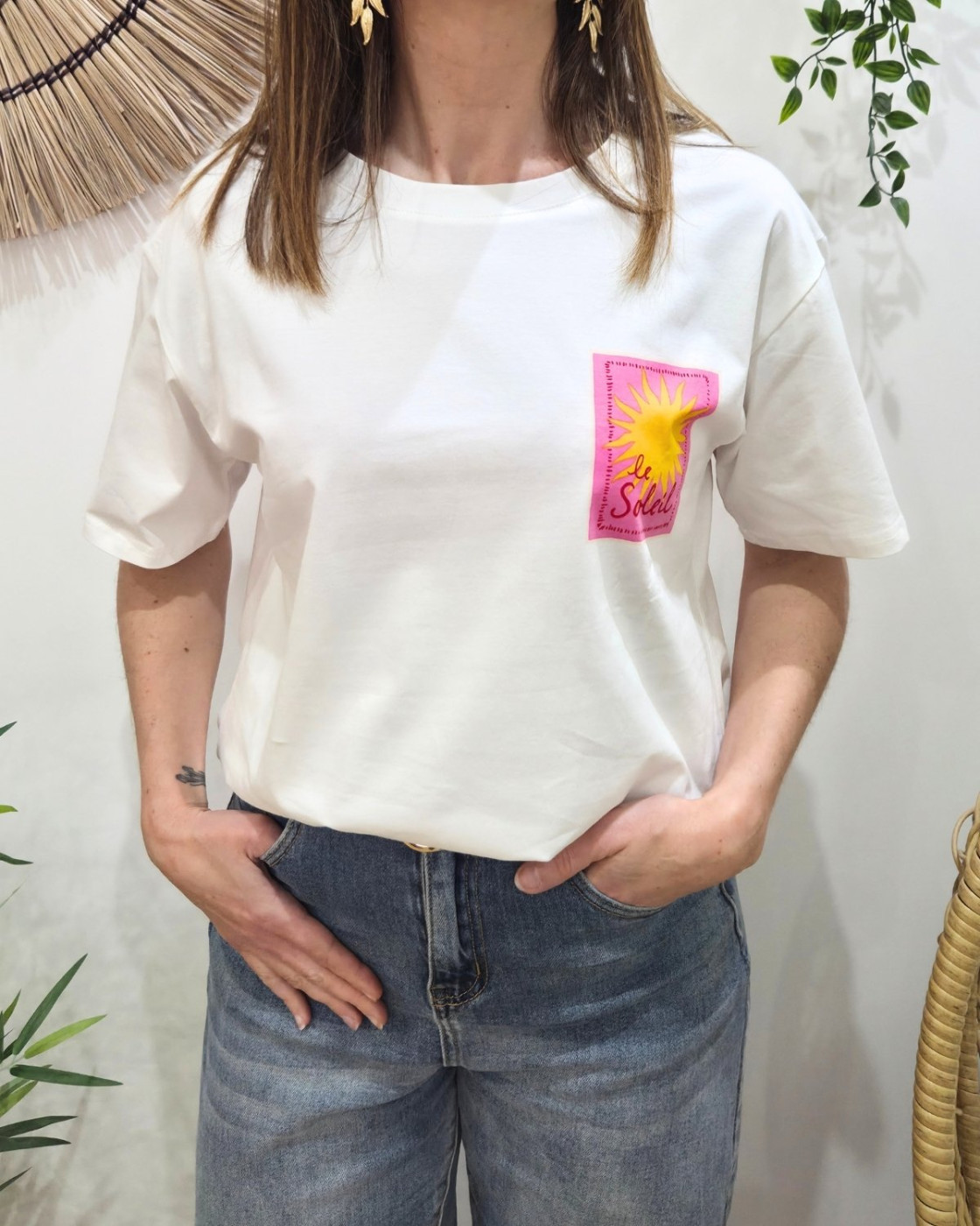 T-shirt femme blanc le soleil rose et jaune