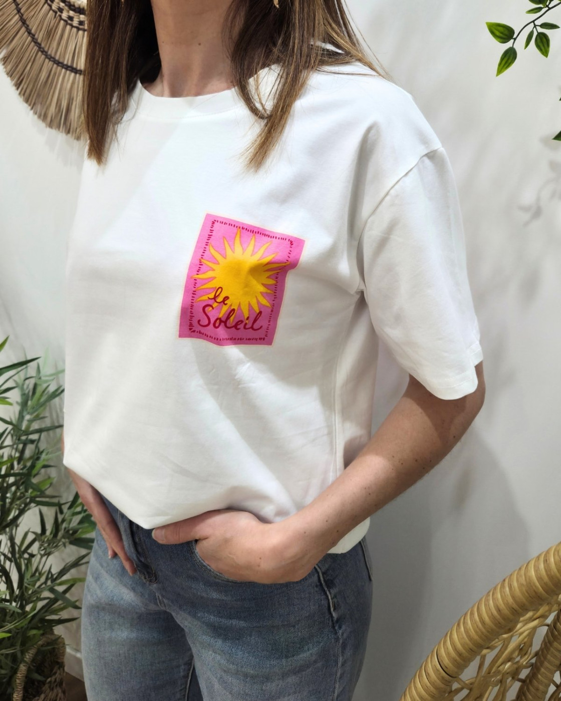 T-shirt femme blanc le soleil rose et jaune