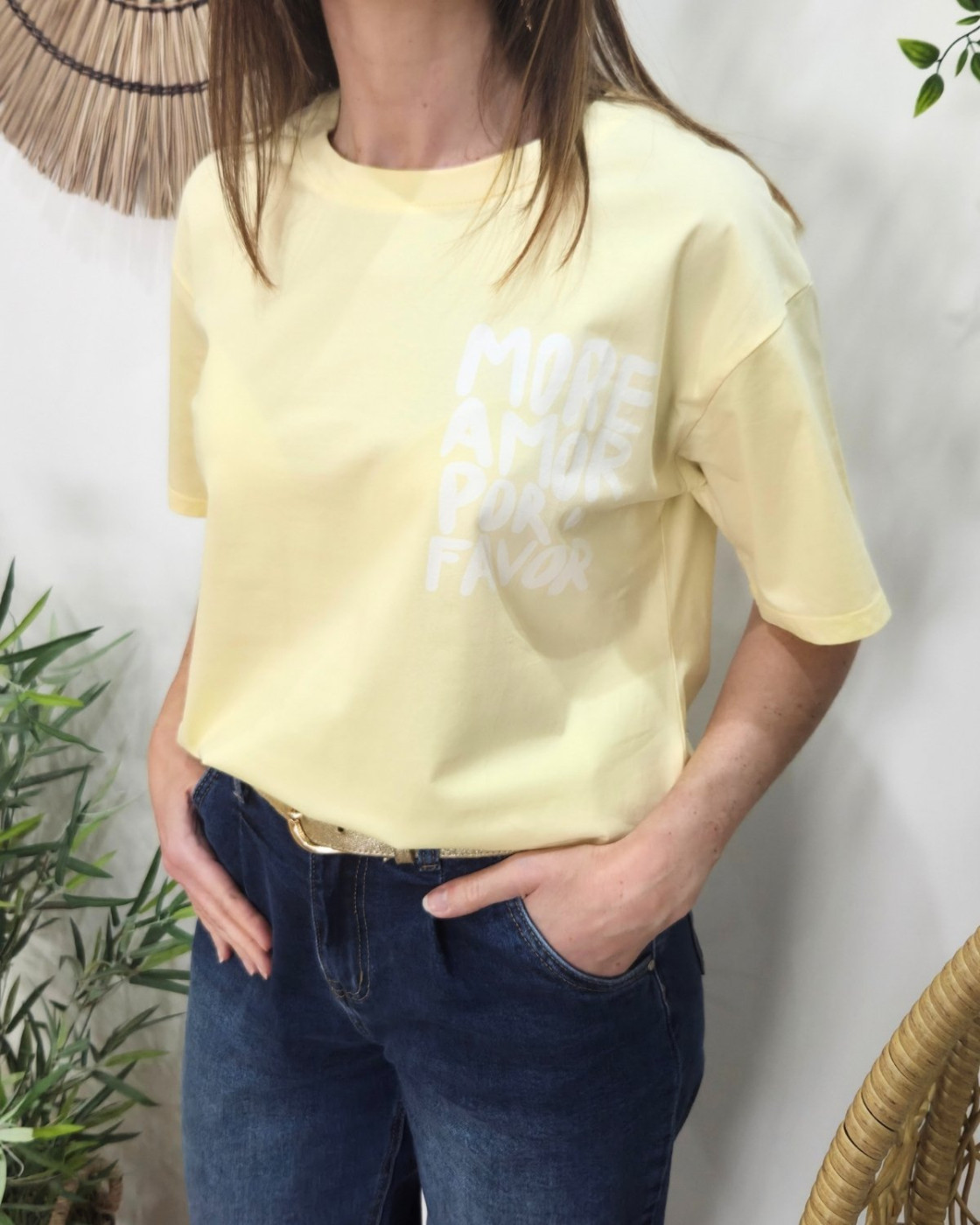 T-shirt femme jaune more amor por favor