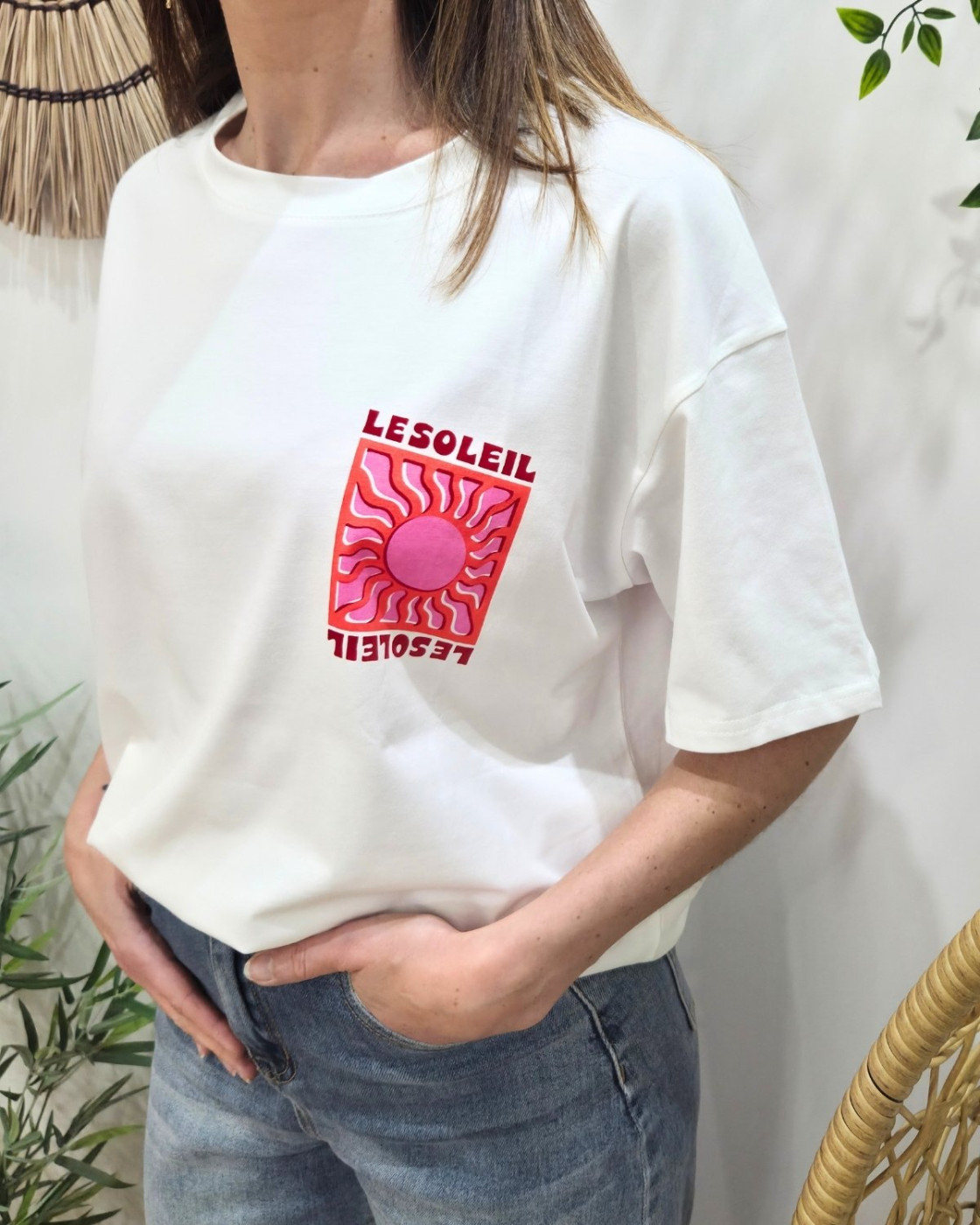 T-shirt femme blanc le soleil rose et rouge