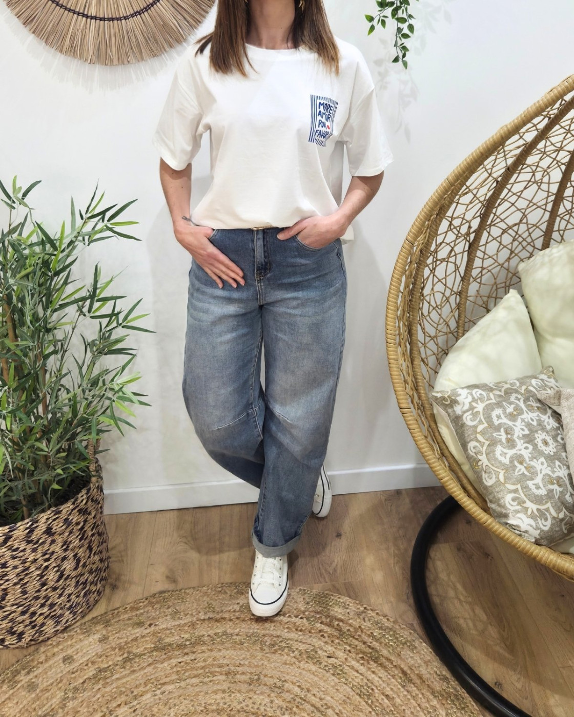 T-shirt femme blanc more amor por favor bleu