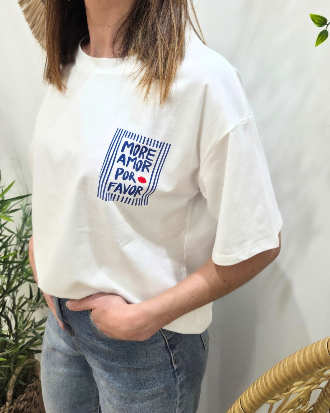 T-shirt femme blanc more amor por favor bleu