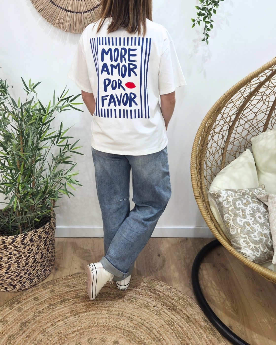 T-shirt femme blanc more amor por favor bleu