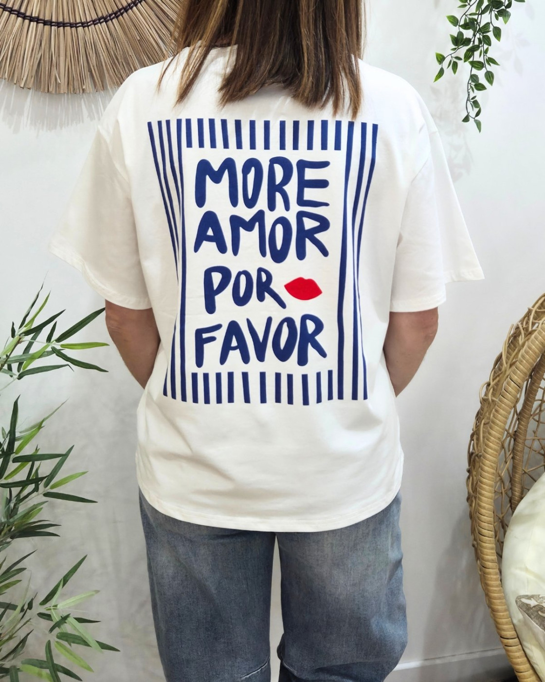T-shirt femme blanc more amor por favor bleu