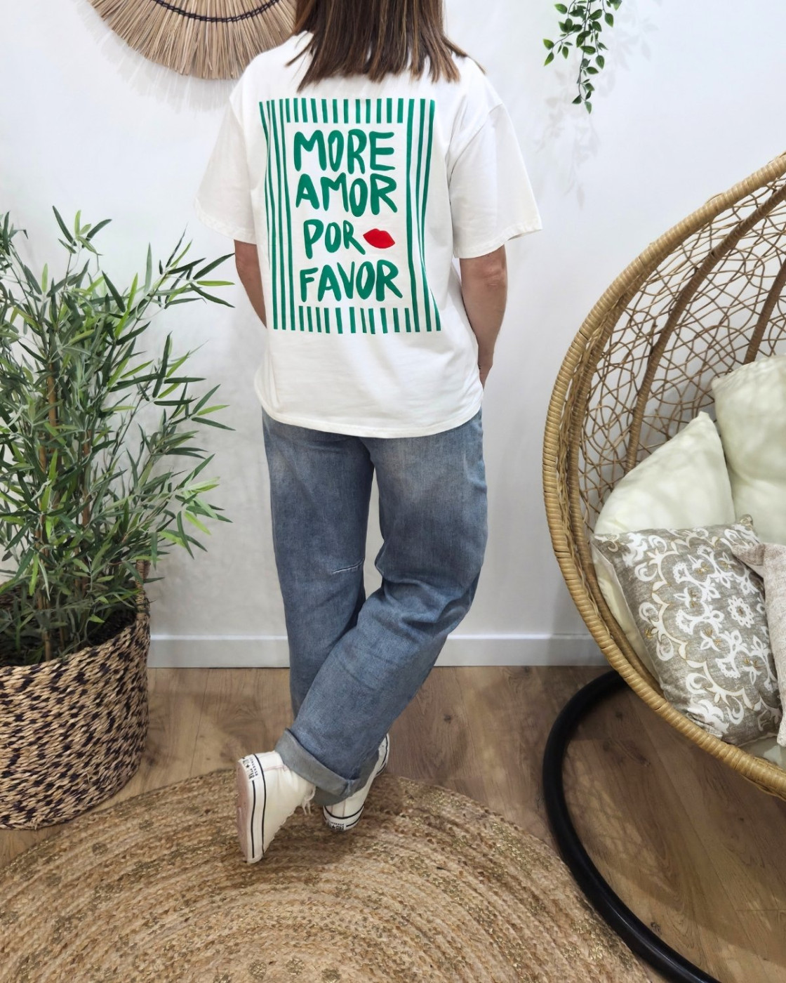 T-shirt femme blanc more amor por favor vert