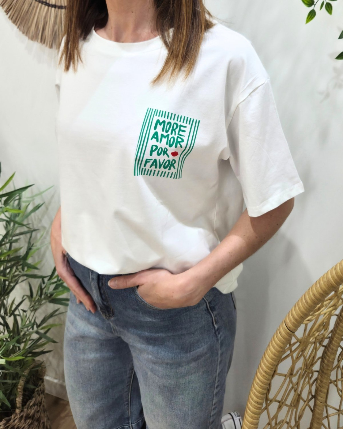 T-shirt femme blanc more amor por favor vert