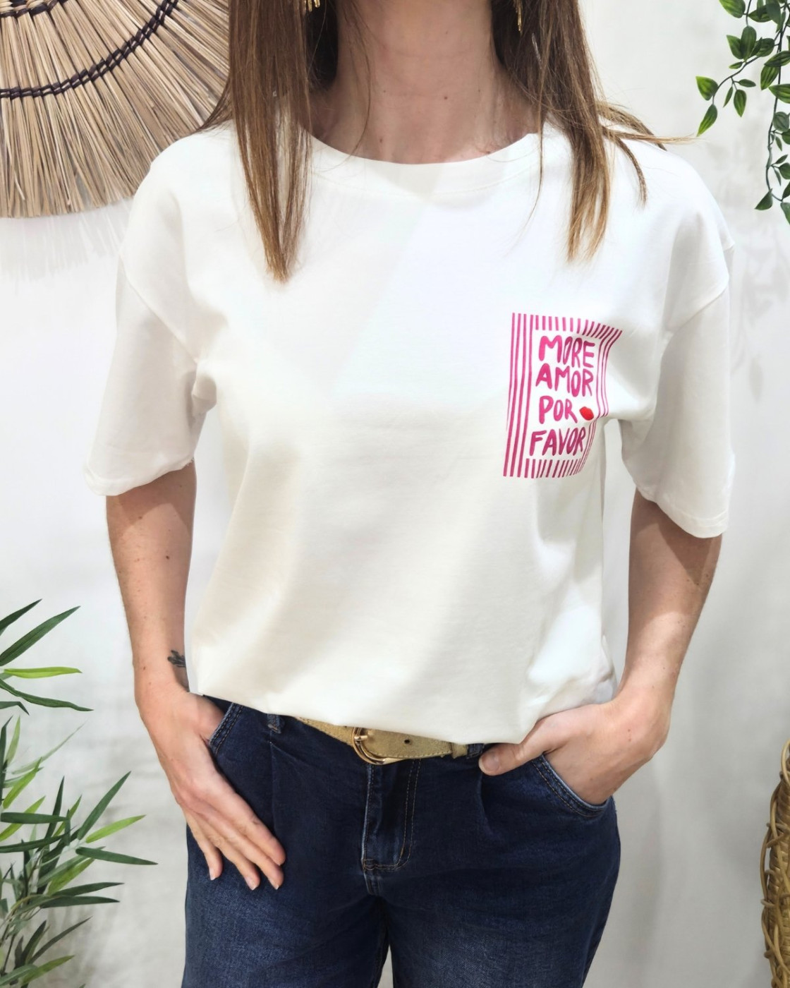 T-shirt femme blanc more amor por favor rose