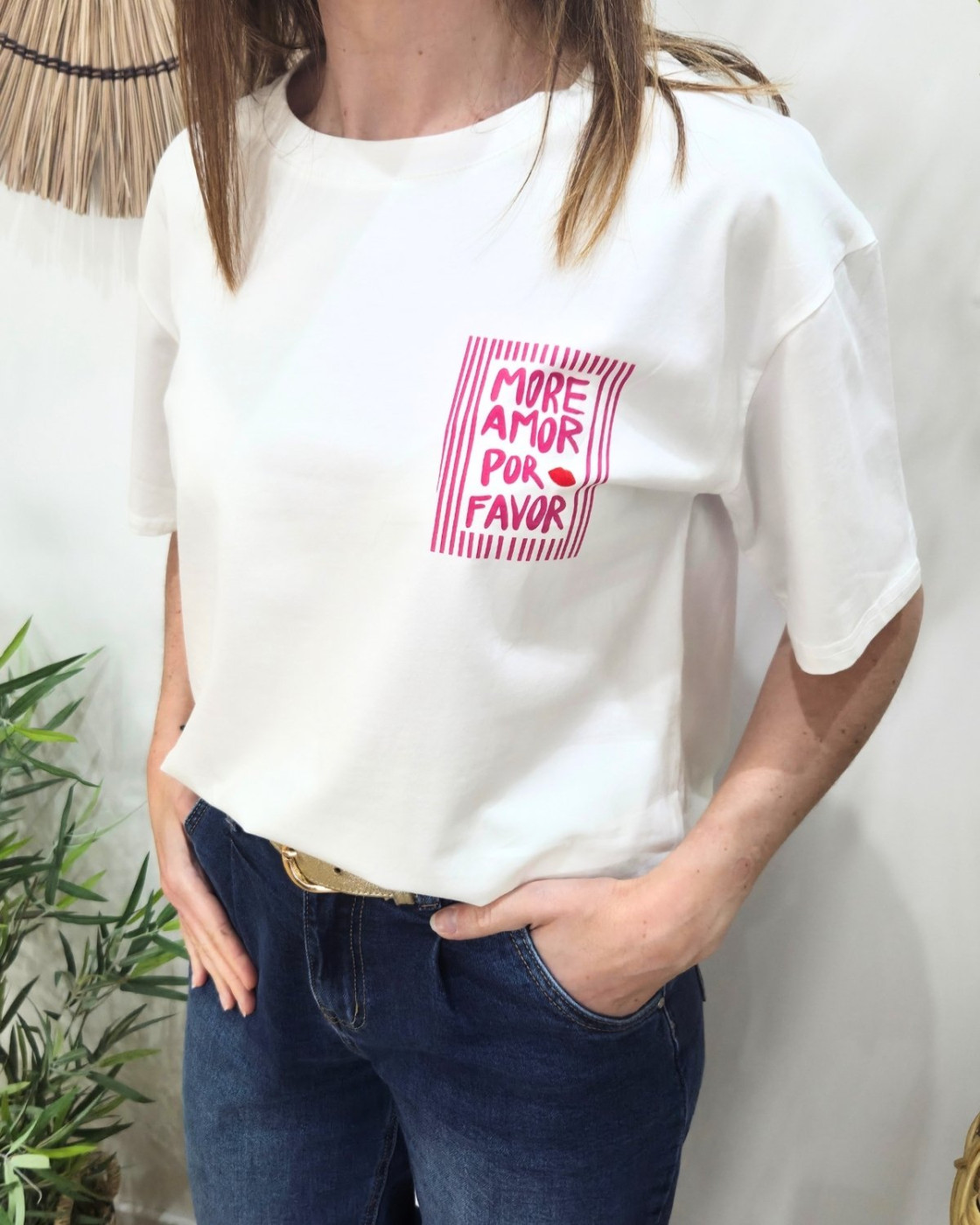 T-shirt femme blanc more amor por favor rose