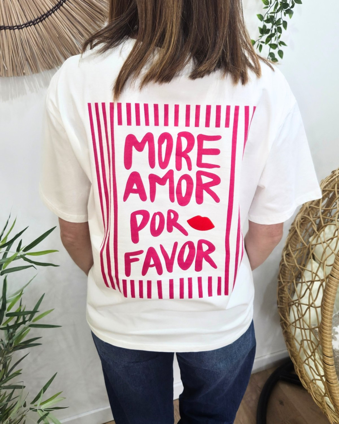 T-shirt femme blanc more amor por favor rose