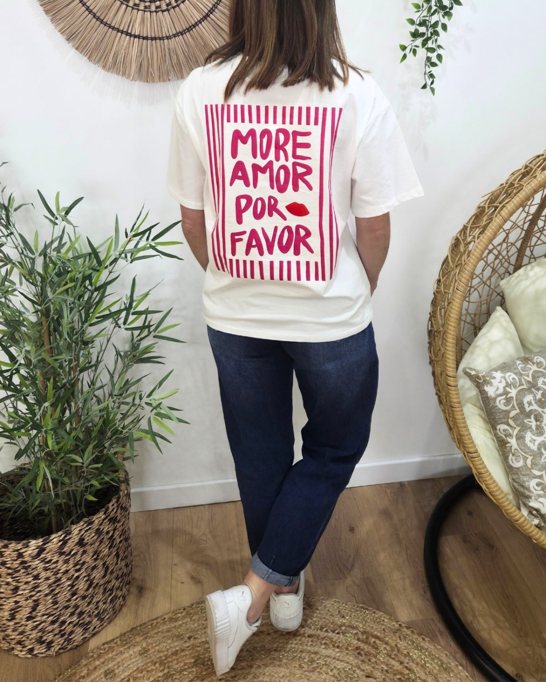 T-shirt femme blanc more amor por favor rose