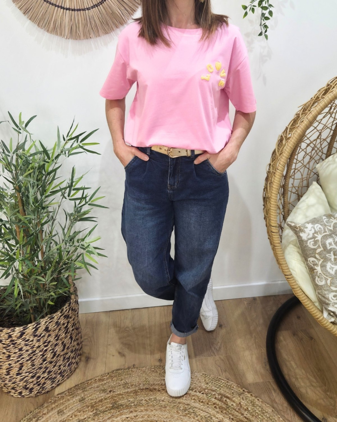 T-shirt femme rose love teddy jaune