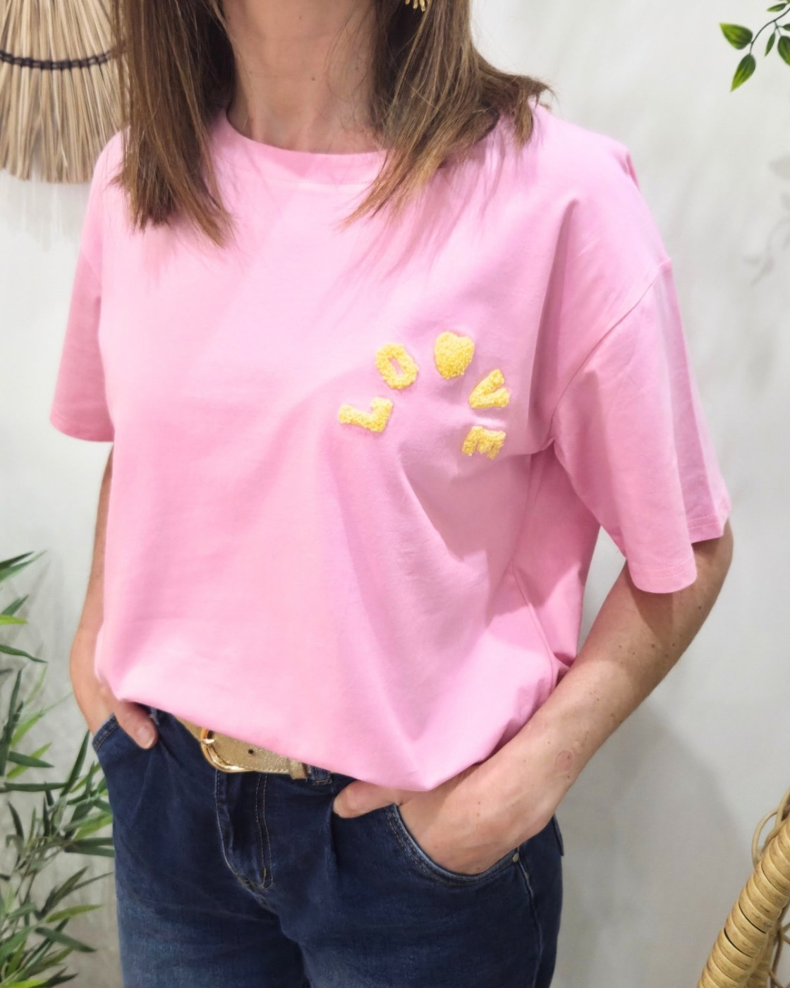 T-shirt femme rose love teddy jaune